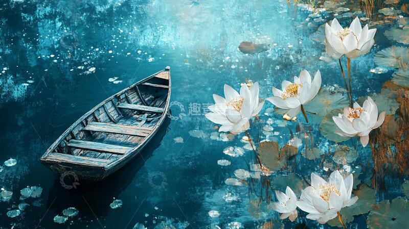 高清大图下载【趣麦麦图】梦幻的小舟意境小船荷花