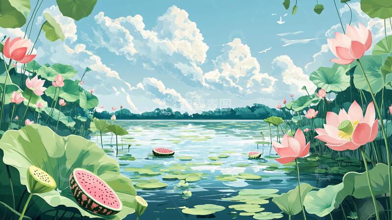 高清大图下载【趣麦麦图】夏天荷塘插画16