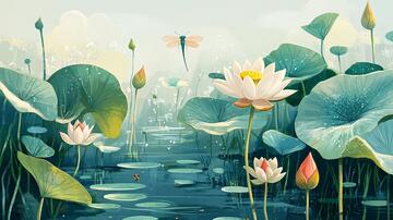 荷塘插画插画荷花蜻蜓