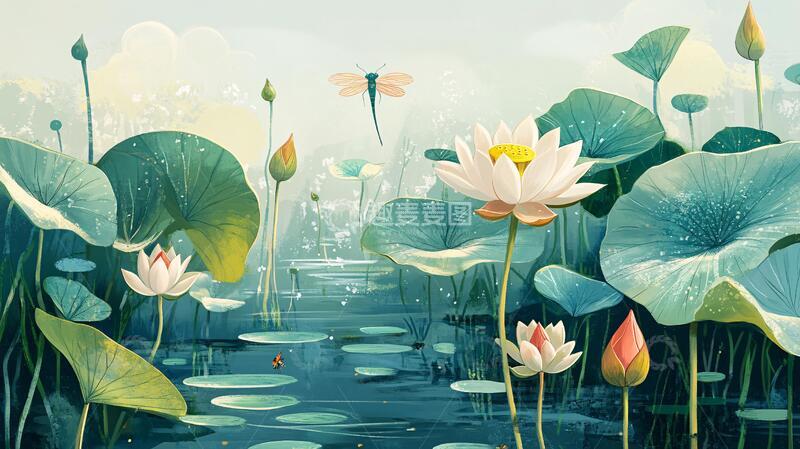 高清大图下载【趣麦麦图】荷塘插画插画荷花蜻蜓