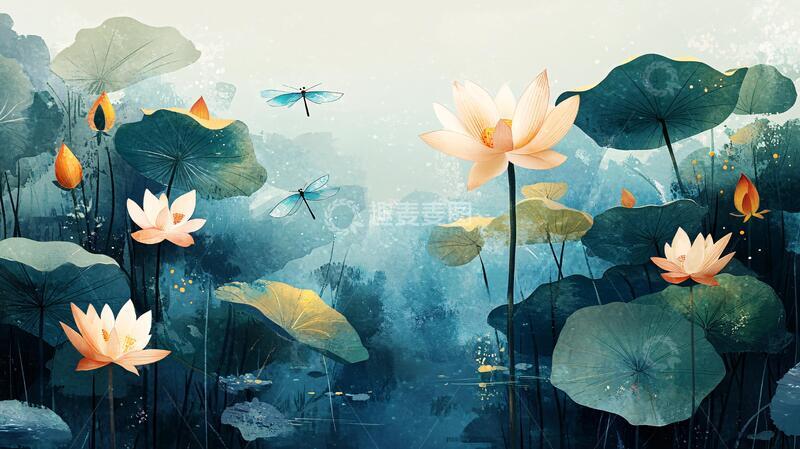 高清大图下载【趣麦麦图】夏天荷塘插画47