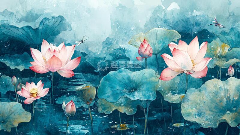 高清大图下载【趣麦麦图】水彩荷花背景墙19