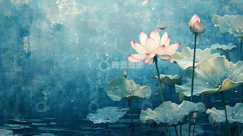高清大图下载【趣麦麦图】深蓝背景荷花图12