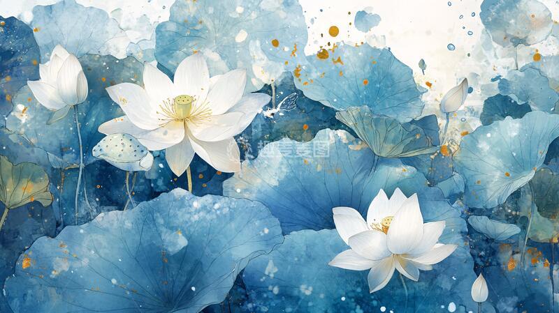 高清大图下载【趣麦麦图】蓝色荷花壁画10