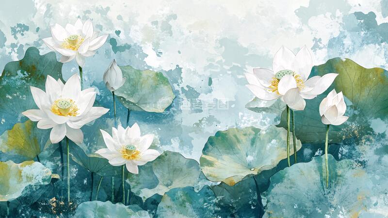 高清大图下载【趣麦麦图】水彩荷花背景墙18