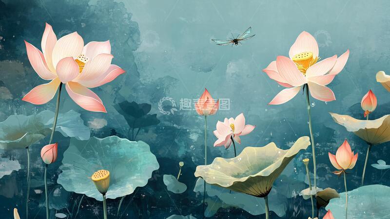 高清大图下载【趣麦麦图】水彩荷花背景墙16