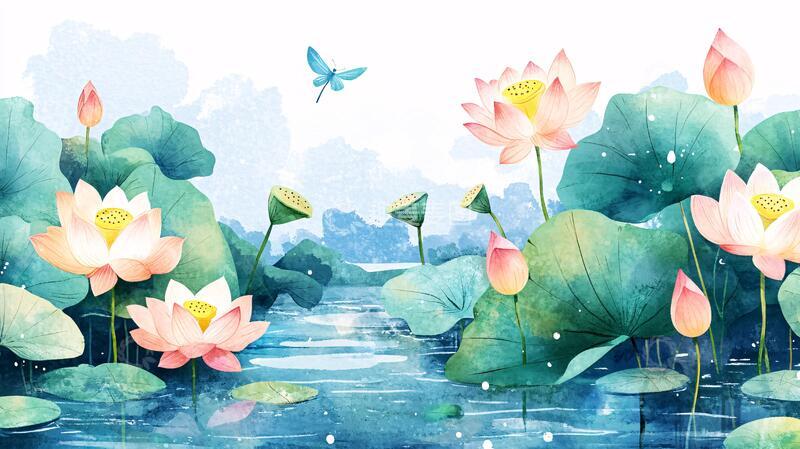 高清大图下载【趣麦麦图】夏天荷塘插画46