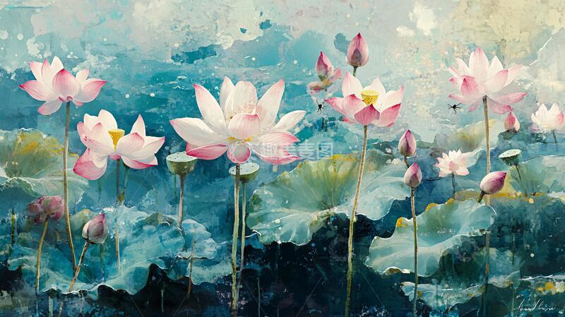 高清大图下载【趣麦麦图】荷花油画效果4