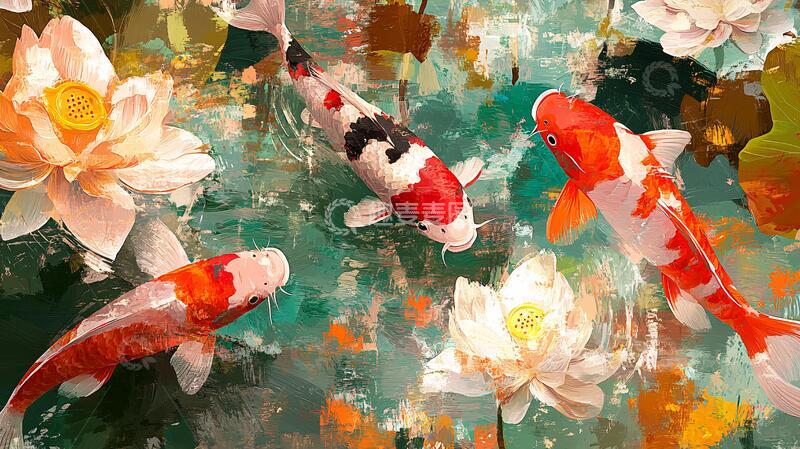 高清大图下载【趣麦麦图】鱼戏荷塘锦鲤鲤鱼