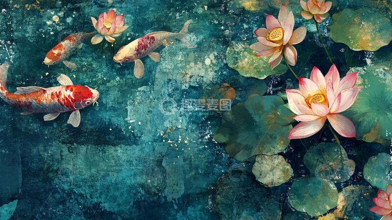 高清大图下载【趣麦麦图】锦鲤荷花装饰画2