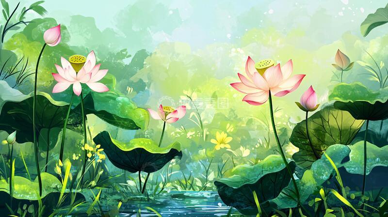 高清大图下载【趣麦麦图】夏天荷塘插画45