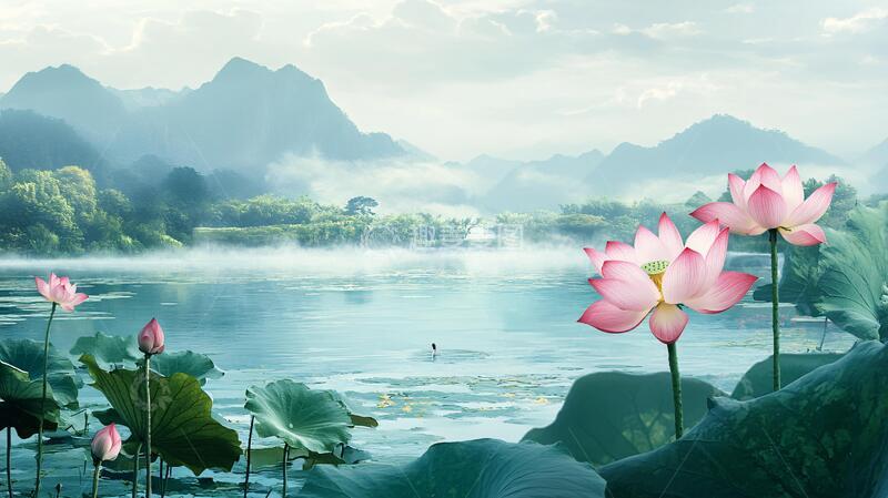 高清大图下载【趣麦麦图】禅意山水荷花