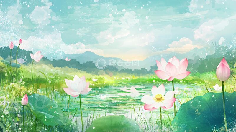 高清大图下载【趣麦麦图】荷花池插画荷花插画背景3