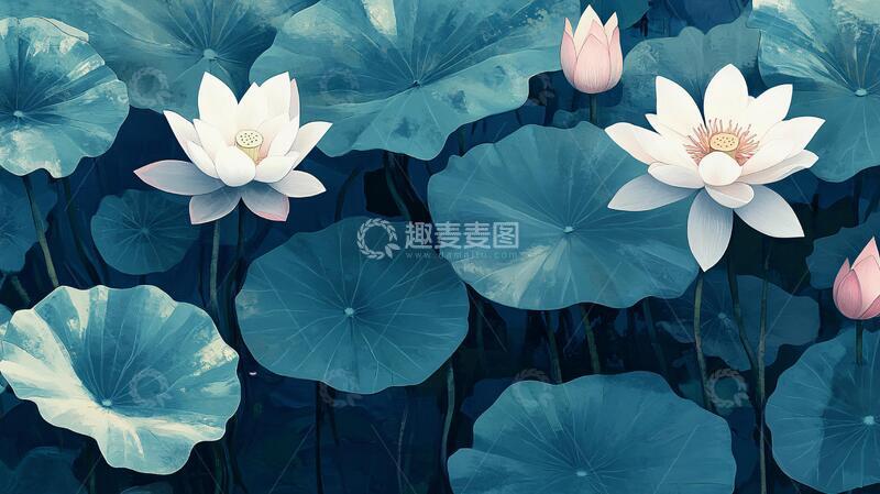 高清大图下载【趣麦麦图】荷花背景荷花壁画中式1