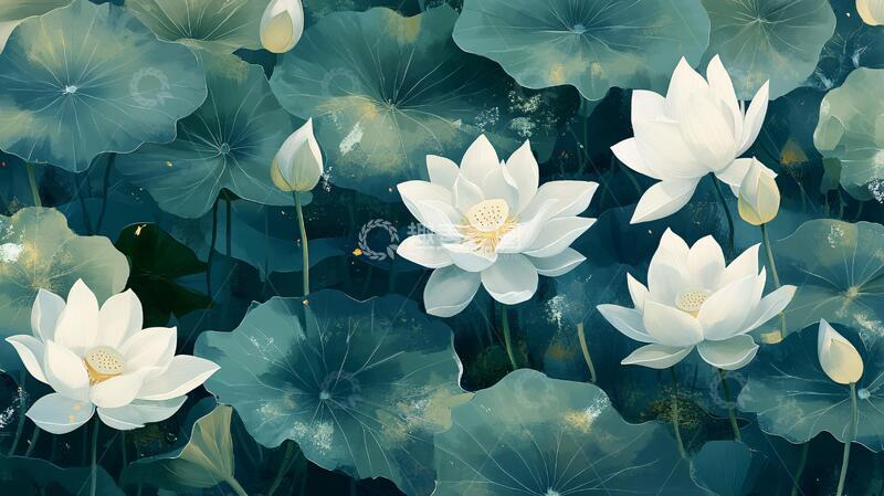 高清大图下载【趣麦麦图】深蓝背景荷花图11
