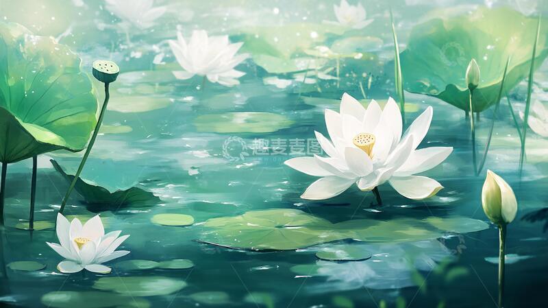 高清大图下载【趣麦麦图】睡莲插画插画荷塘意境