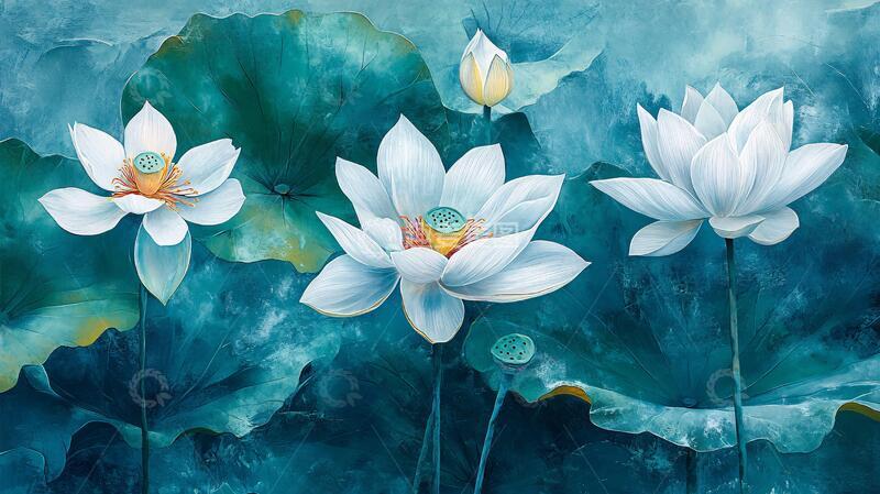 高清大图下载【趣麦麦图】白色荷花壁画1