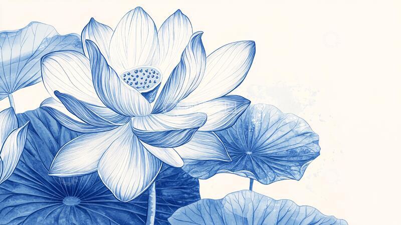 高清大图下载【趣麦麦图】水墨蓝色荷花1