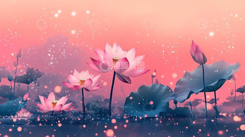 高清大图下载【趣麦麦图】荷塘插画荷花插画梦幻