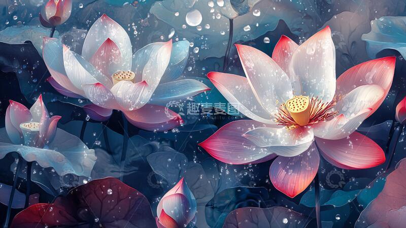 高清大图下载【趣麦麦图】荷花背景荷花梦幻插画