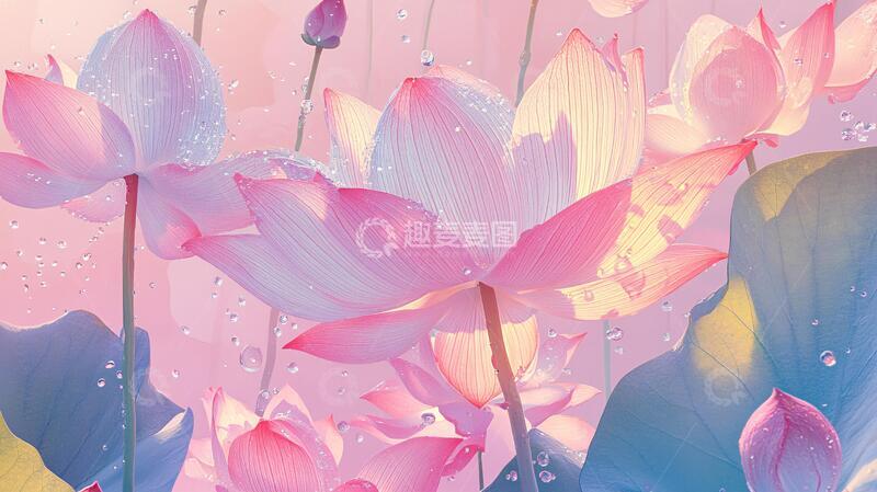 高清大图下载【趣麦麦图】荷花背景荷花手绘插画