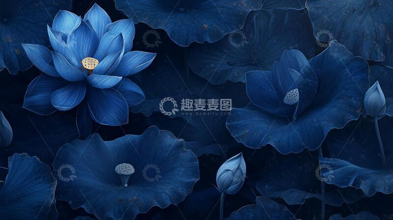 高清大图下载【趣麦麦图】黑底蓝色荷花背景3