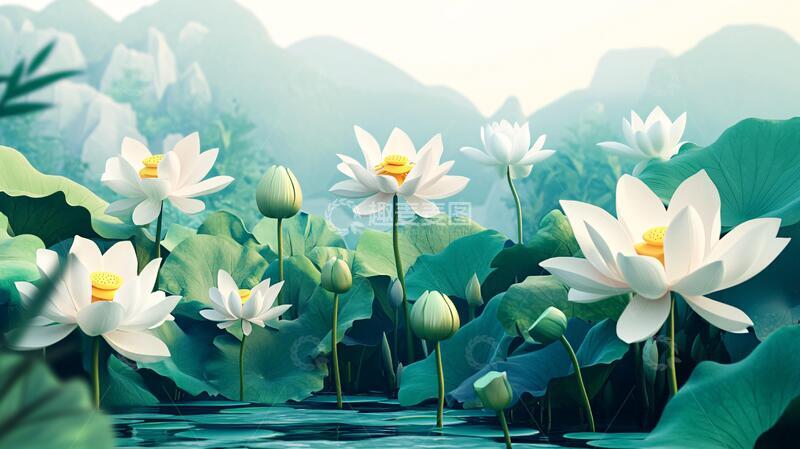 高清大图下载【趣麦麦图】荷花背景荷花插画背景1