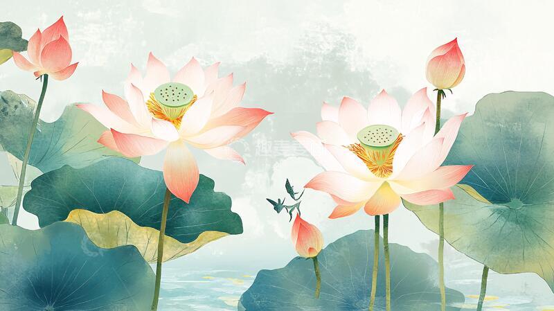 高清大图下载【趣麦麦图】新中式荷花壁画6