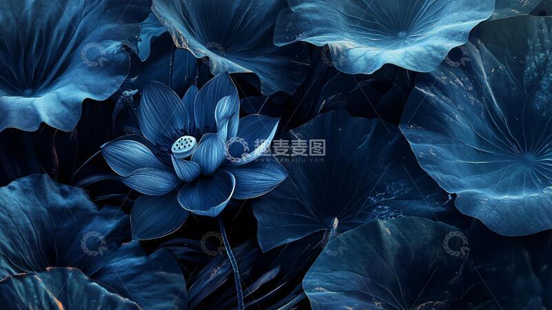 高清大图下载【趣麦麦图】黑底蓝色荷花背景2