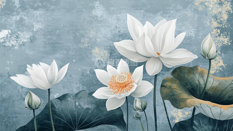 高清大图下载【趣麦麦图】手绘荷花壁画