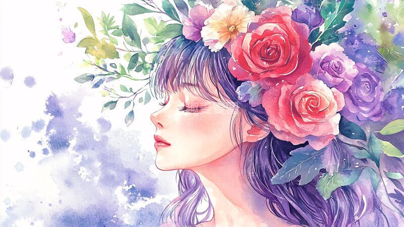 高清大图下载【趣麦麦图】少女与花插画1