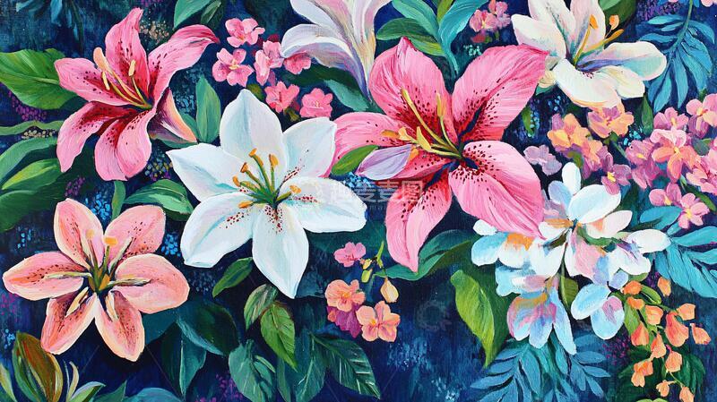 高清大图下载【趣麦麦图】百合花壁画花卉壁画手绘1