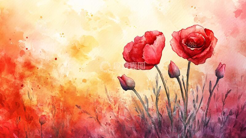 高清大图下载【趣麦麦图】手绘红色花卉梦幻背景5