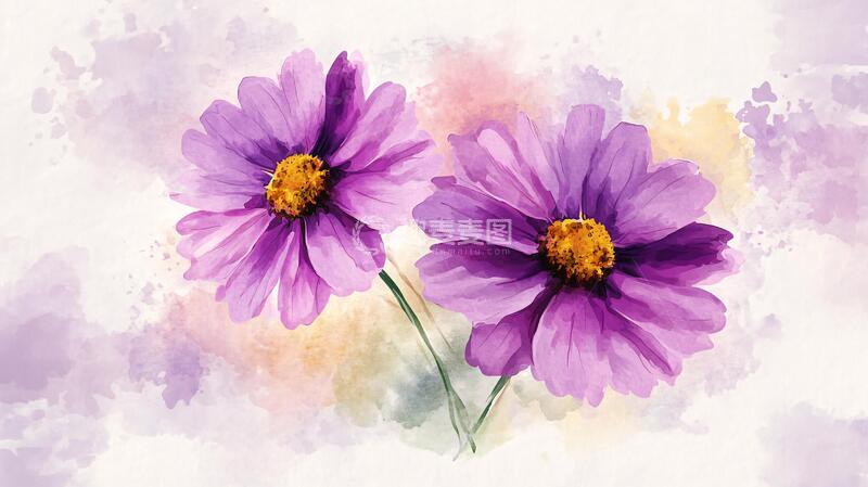 高清大图下载【趣麦麦图】水彩格桑花水彩花卉手绘