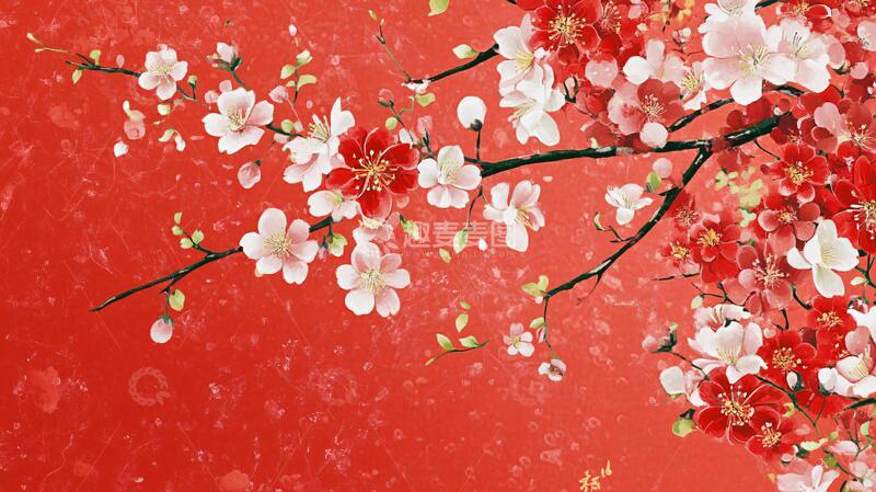 高清大图下载【趣麦麦图】杏花红底图杏花壁画中式
