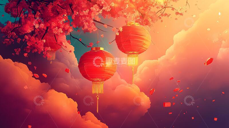 高清大图下载【趣麦麦图】喜庆风插画插画花灯氛围