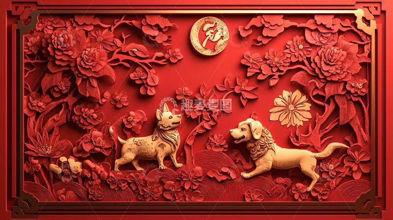 高清大图下载【趣麦麦图】狗年门头浮雕牡丹设计