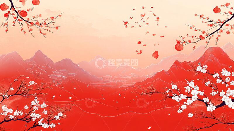 高清大图下载【趣麦麦图】质感红色山水背景墙