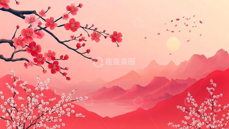 高清大图下载【趣麦麦图】红梅山水水墨插画红日