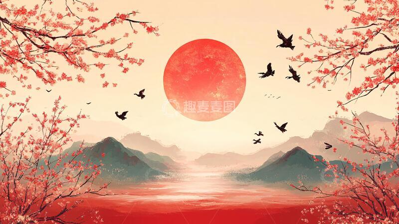 高清大图下载【趣麦麦图】插画红日插画红日仙鹤1