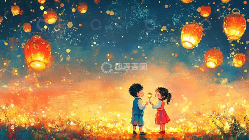 高清大图下载【趣麦麦图】-情人元宵节插画灯笼花灯