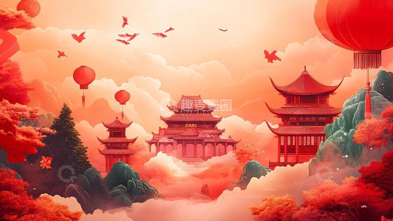 高清大图下载【趣麦麦图】楼阁仙景插画1