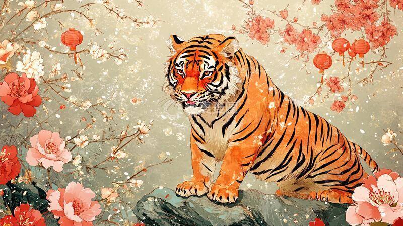 高清大图下载【趣麦麦图】虎年横版背景寅虎手绘