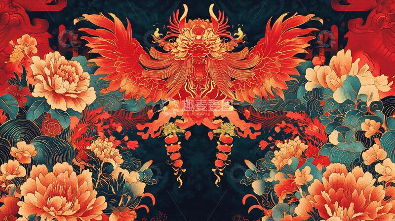 高清大图下载【趣麦麦图】牡丹花凤凰凤凰牡丹插画