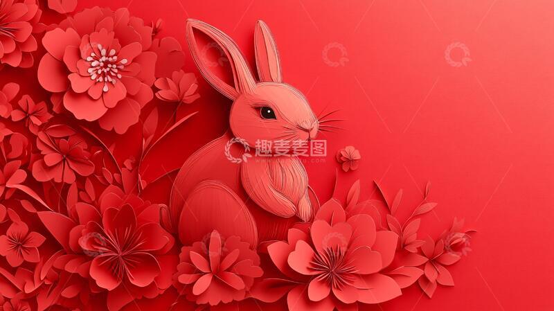 高清大图下载【趣麦麦图】兔年剪纸风兔年剪纸红色
