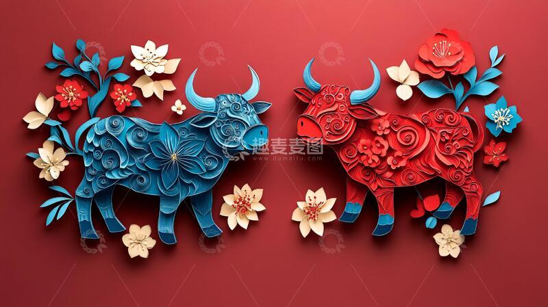 高清大图下载【趣麦麦图】牛年多彩剪纸