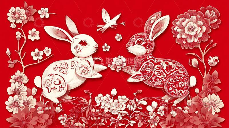 高清大图下载【趣麦麦图】兔年剪纸风剪纸兔年素材