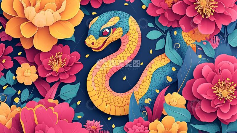 高清大图下载【趣麦麦图】蛇与莲花插画1