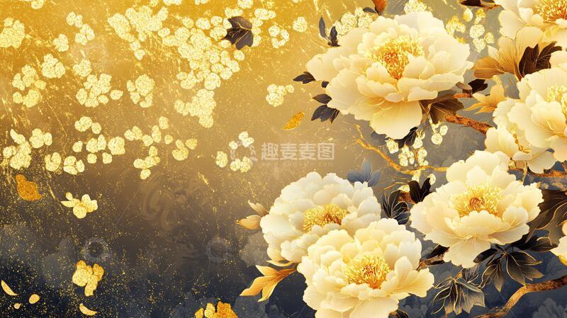 高清大图下载【趣麦麦图】金色牡丹背景墙
