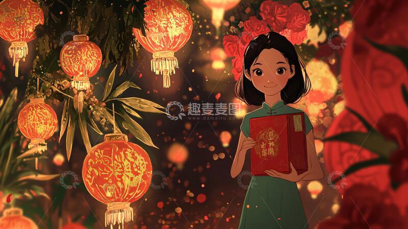 高清大图下载【趣麦麦图】女生拜年图插画女生女孩